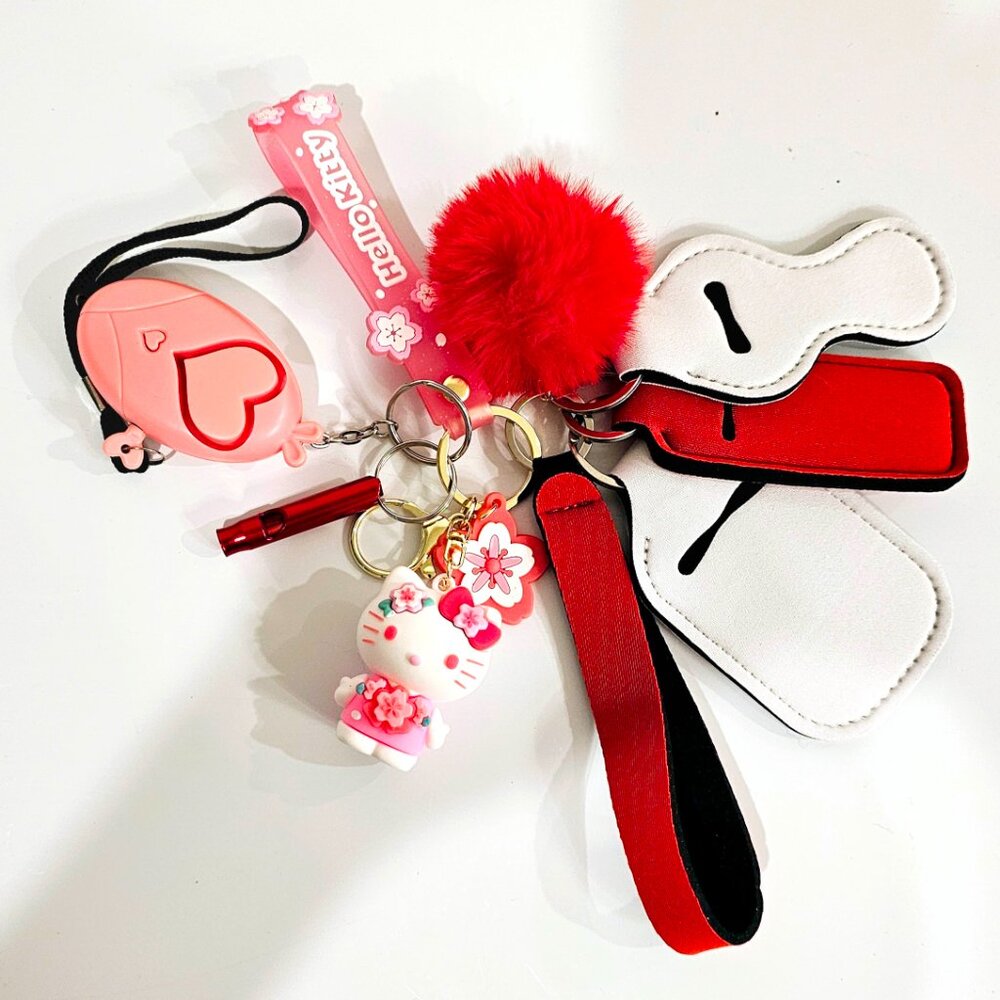 Sanrio Hello Kitty Safety Keychain Set Red & White Charms Safety Alarm, Whistle